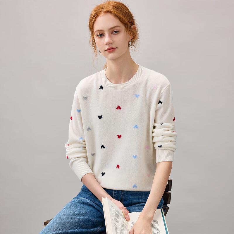 Women's Cashmere Heart-Pattern Round Neck Sweater