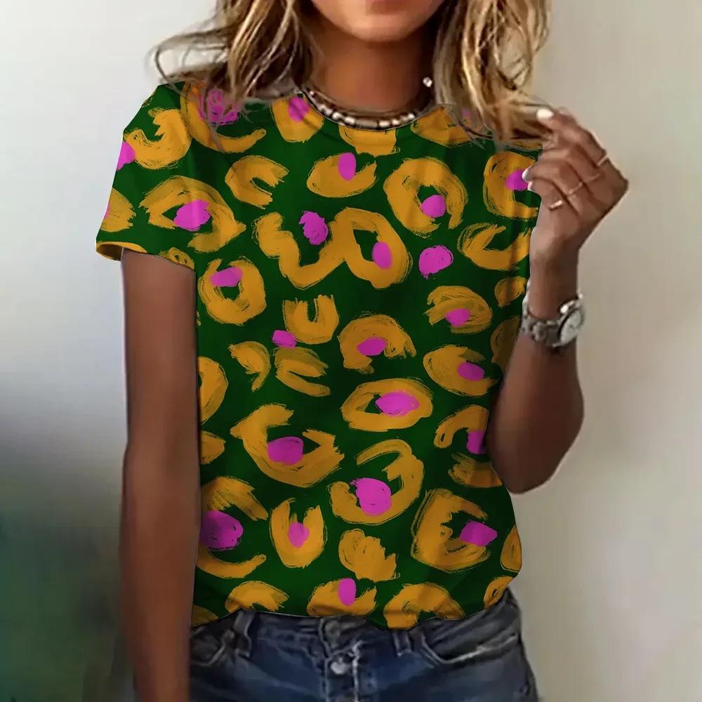 

Casual Round Neck Leopard Print Short Sleeve Loose Comfortable Top Simple Fashionable T-Shirts Women’s 3XL