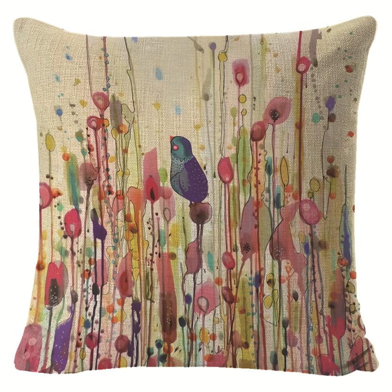 Village Style Rural Flower And Bird Sofa Pillow Cover Linen Spring Cushion Cover Car Waist Backrest Cover