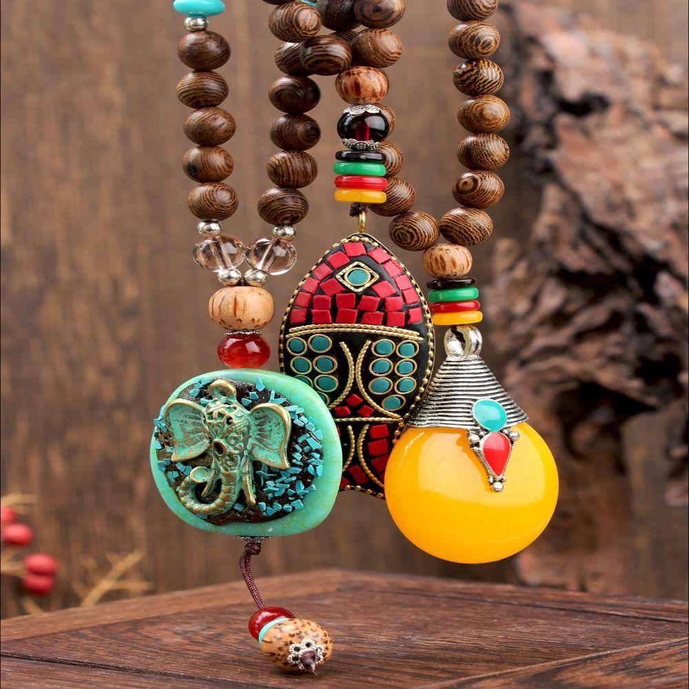 Wood Pendant Necklace Resin Long Beaded Necklace New Wooden Bead Necklace