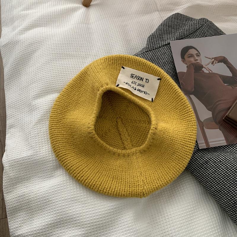 Porridge Cocoa Knitted Hat Woolen Hat Label Beret Women Autumn and Winter Versatile Warm Big Head Painter Hat