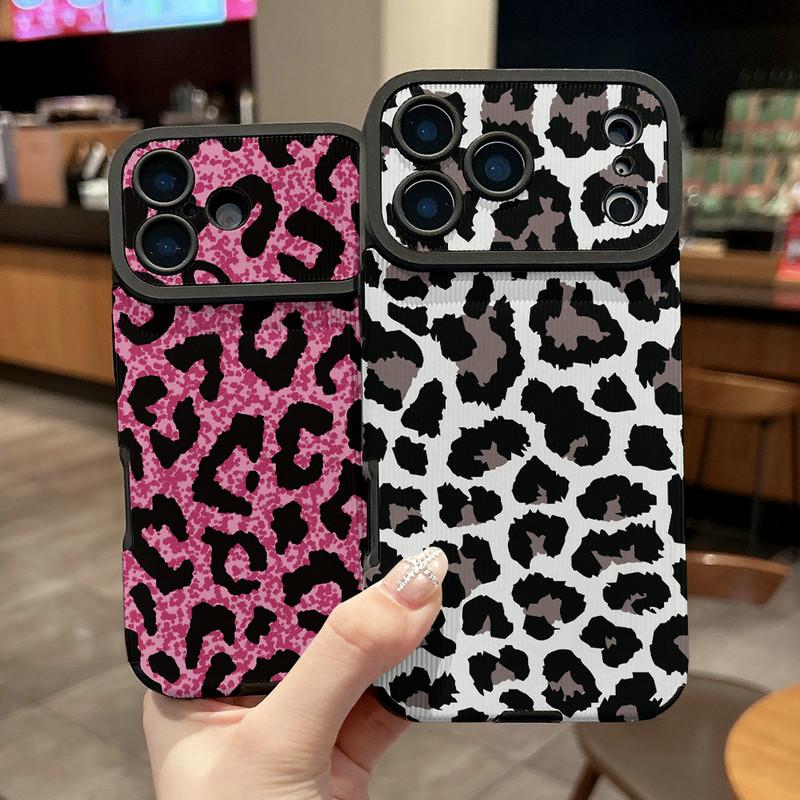 Fashion Leopard Printed Vertical Grain Leather Soft Silicone Phone Case Back Cover with Camera Lens Full Protection for iPhone 17