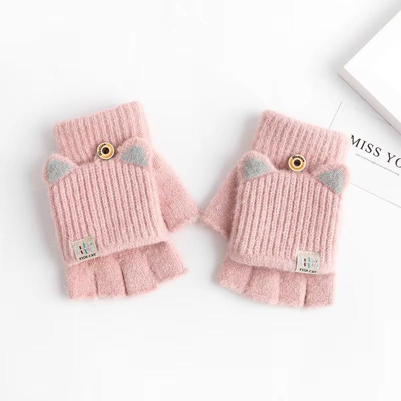 Winter Women Knitted Gloves Thick Woolen Female Mittens Cute Flip Fingerless Exposed Finger Girl Gloves For Cycling Hand Warmer