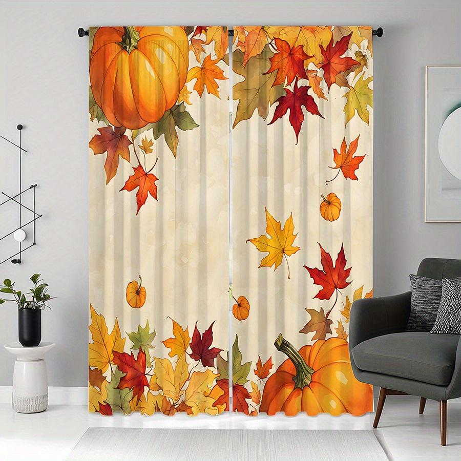 2pc Pumpkin and maple leaf print curtains   polyester fabric   machine washable   suitable for bedroom and living room decoration