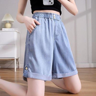 2025 Damen Übergröße Locker Eis Seide Jeansshorts - Tencel Weiter Bein Mittellang