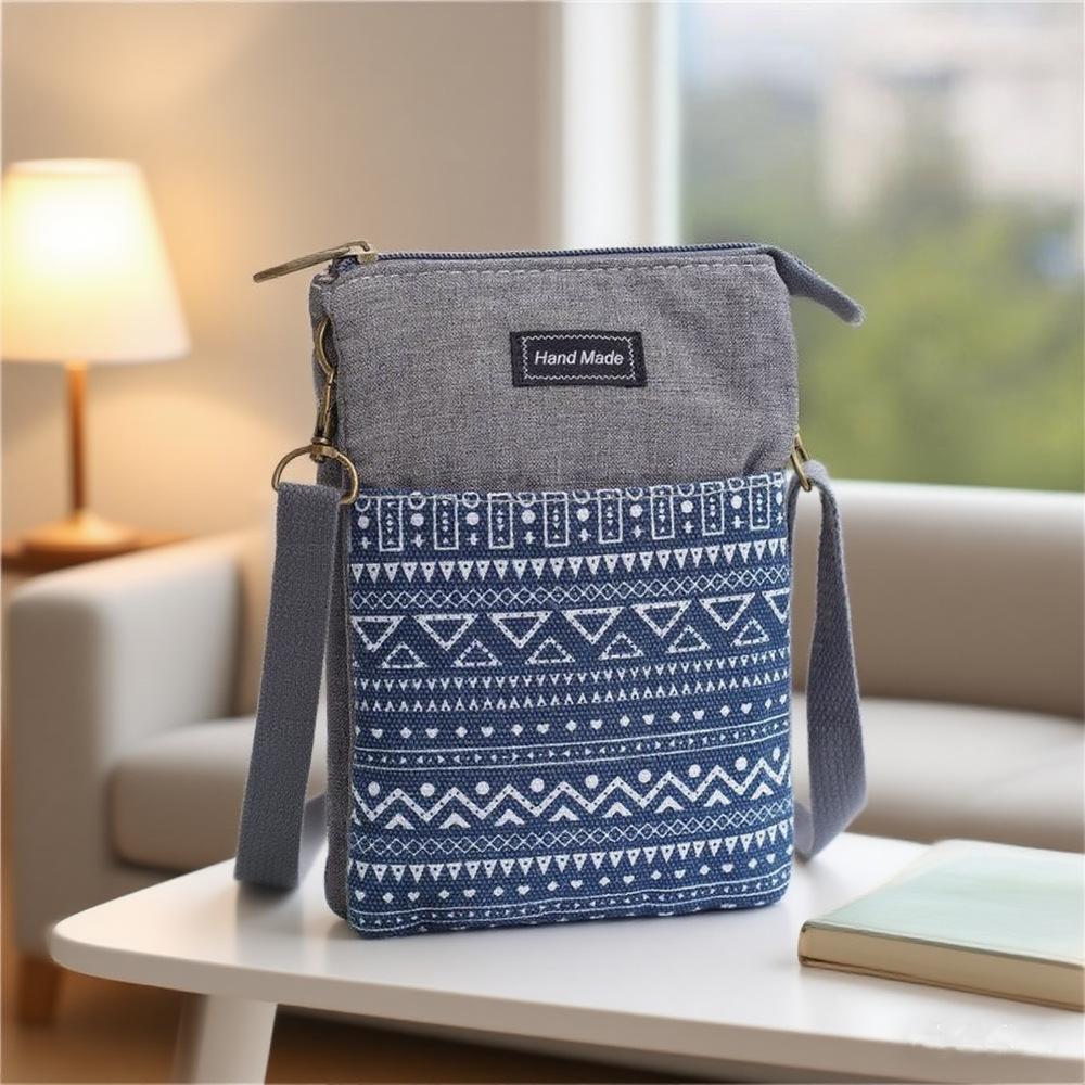 Boho Leinwand Handy Umhängetasche Ethnisches Stammesmuster Handytasche Verstellbarer Schultergurt Kleine Reise-Pass Tasche für Damen