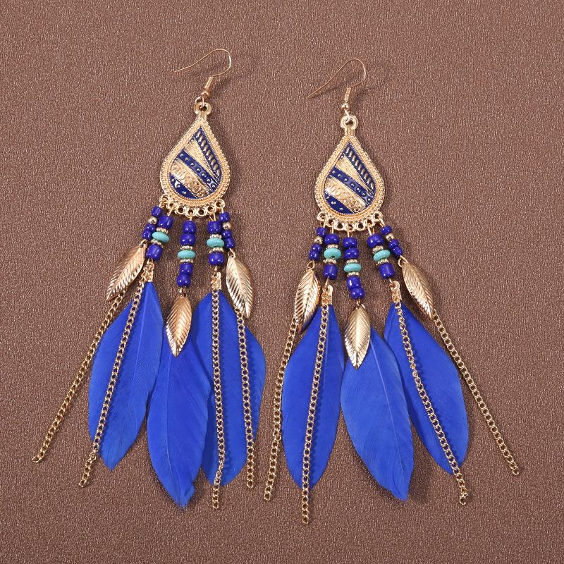 Feather Fringed Earrings Women's Water Drop Long Ethnic Style Retro Temperament Versatile Exaggerated Earrings