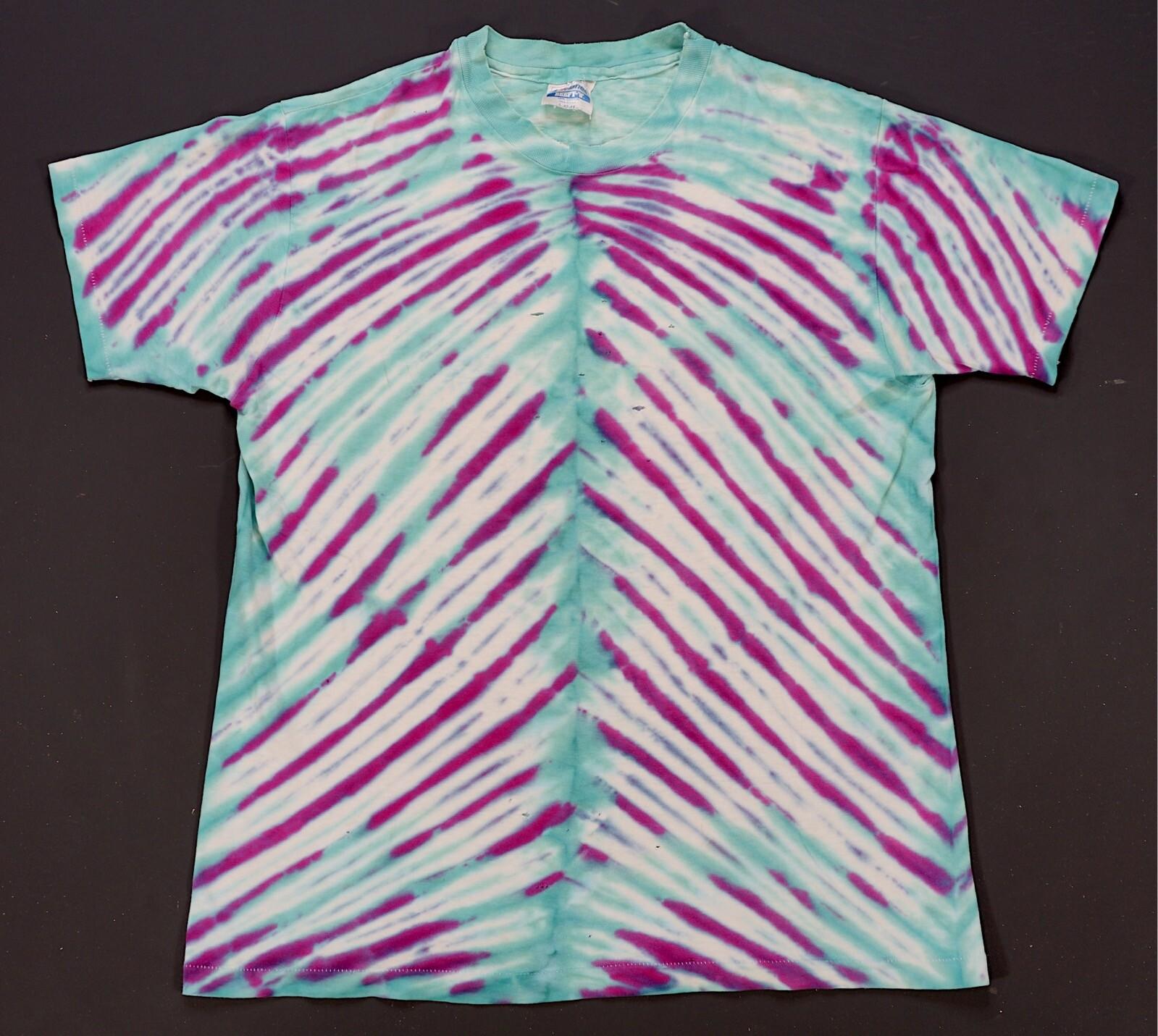 Rare Vintage HANES Striped Tie Dye Single Stitched T Shirt 90s Pink White Blue L S