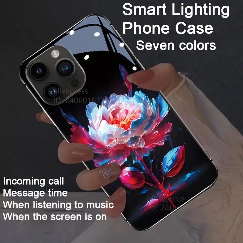 Flower Rose LED Light Luminous Phone Case For iPhone 16 15 12 13 14 X Xs Xr Mini Pro Max Plus Tempered Glass Glow Back Cover