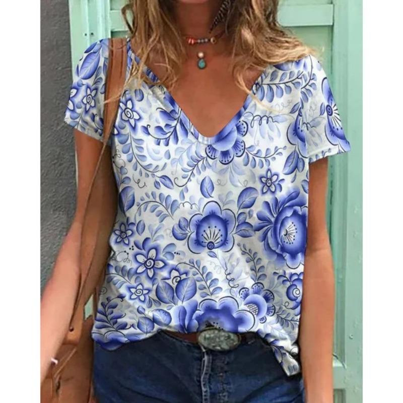 Summer New Fashion Women's T-shirt Casual Short-sleeved Harajuku 3D Printed Trendy Top V-neck Street Loose Large Size Clothes