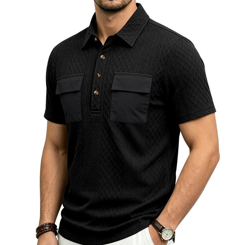 Men s Textured Knit Polo Shirt with Pockets Short Sleeve Casual Black Top S чёрный