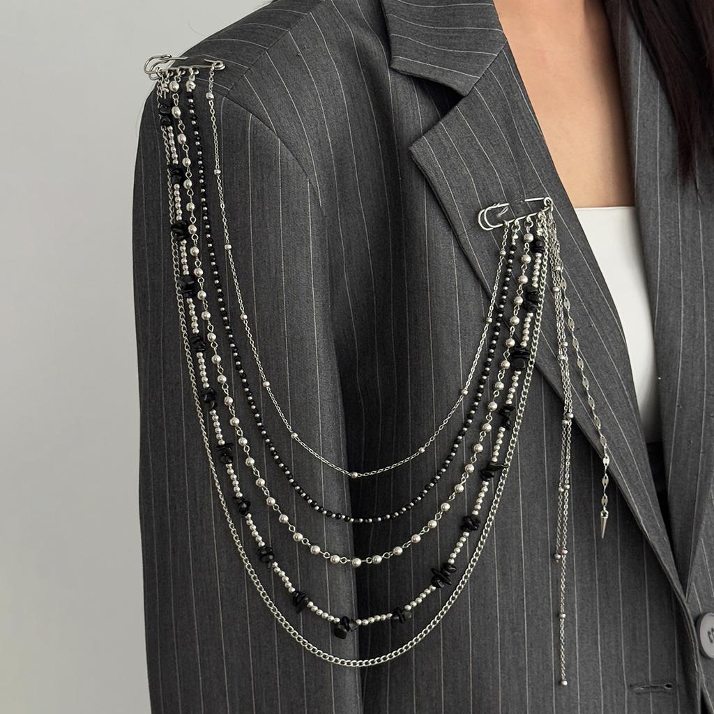 Long Tassel Chain Black Beaded Brooch Unique Trendy Design Drip Shaped Heart Multi-Chain Pin Suit Clothing Accessories Gifts