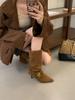 High Heel Pointed Pile Boots Medium Knight Boots Women's Boots 2025 Fall Winter Western Cowboy Brown Skinny Boots