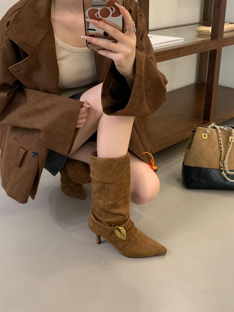 High Heel Pointed Pile Boots Medium Knight Boots Women's Boots 2025 Fall Winter Western Cowboy Brown Skinny Boots