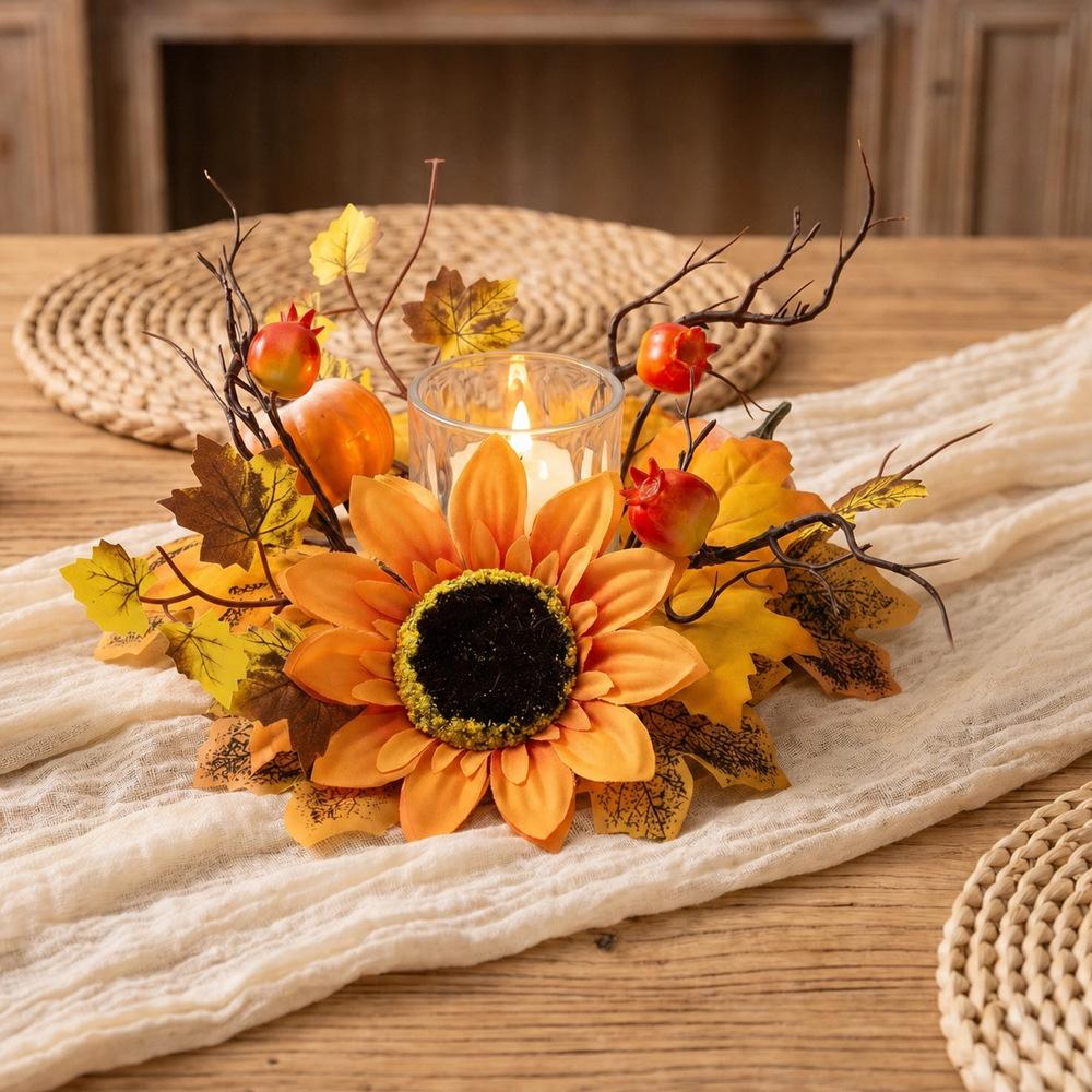1PC Autumn Simulation Sunflower Thanksgiving Candle Wreath, Decorative Wreath, Candle Wreath, Photography Props, Home Decor, Party Decorations
