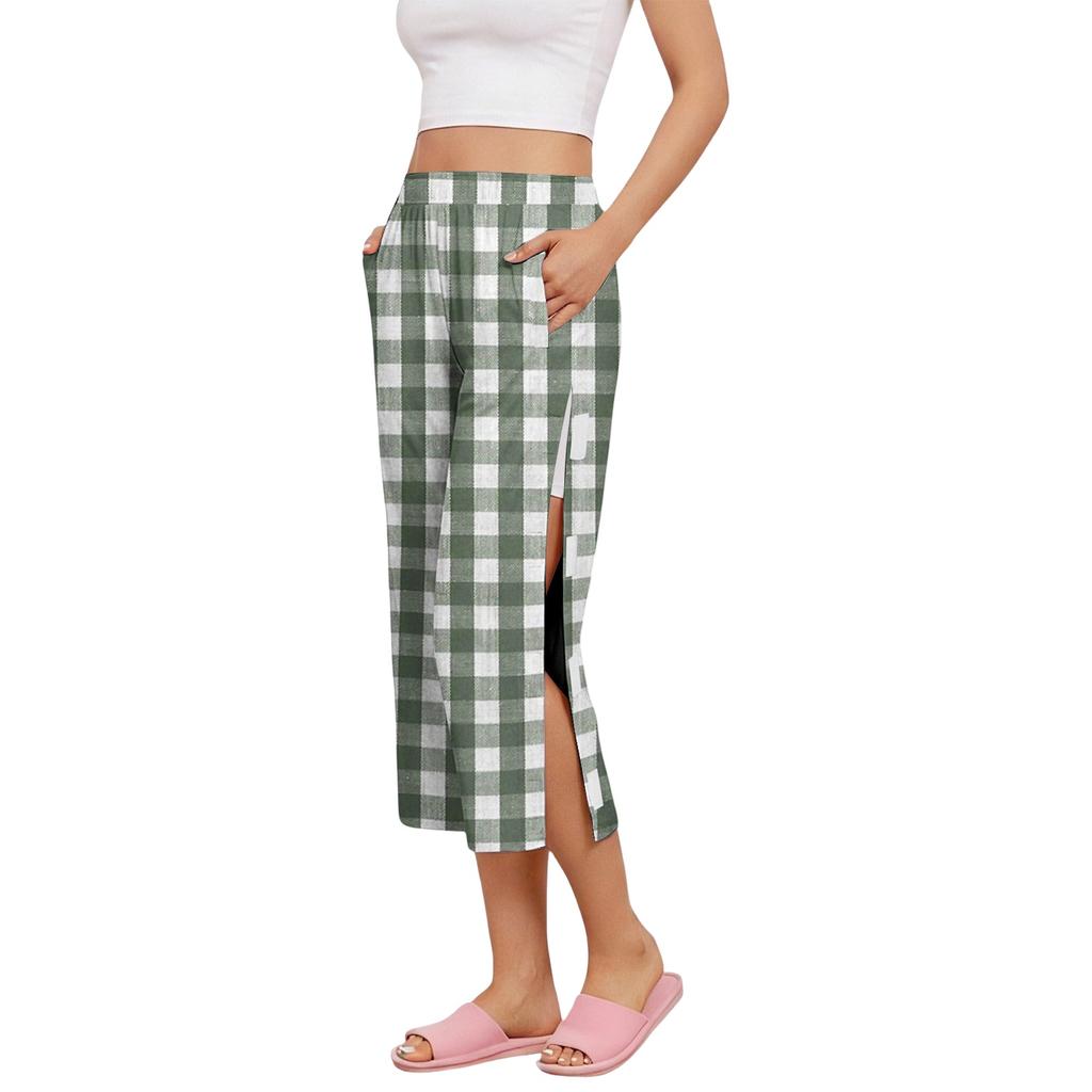 Pantaloni Capri da Donna per il Recupero Post-Chirurgico con Apertura Laterale, Vita Elastica, Leggeri, Comodi, Vestibilità Larga, Fantasia a Quadri