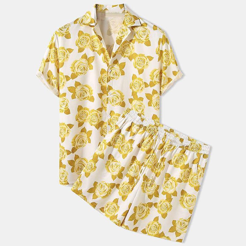 Heren Hawaii Beach Style Set Blad Geprinte Shorts Korte mouwen Cubaanse Hals Shirt Tweedelige Set