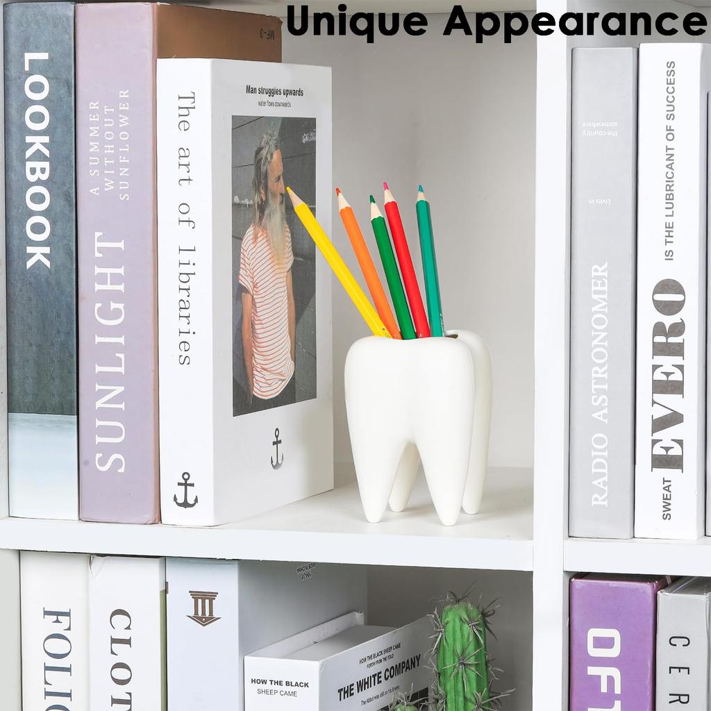 JANKOW Ceramic Pen Cute Desk Organizer with a Fun and Unique Appearance for Offices and Classrooms Tooth-Shaped Holder, (White)