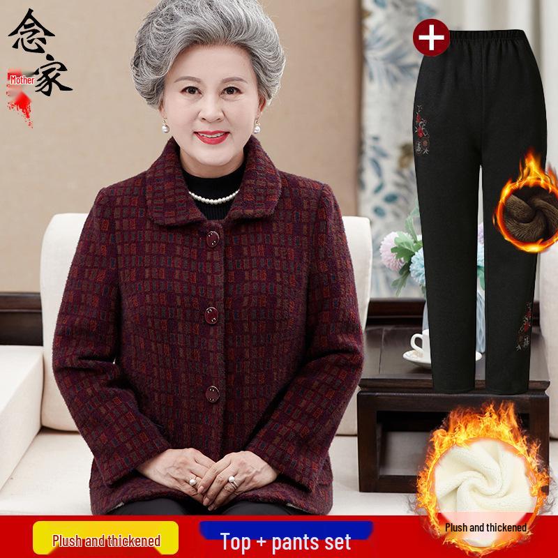 Grandma's Autumn Wool-Blend Coat: Cozy Velvet-Lined Winter Wear for Elderly Ladies