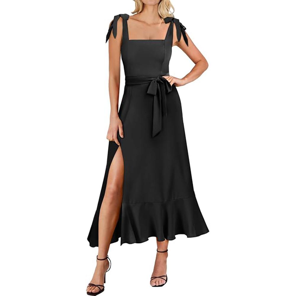 

Women s Square Neck Ruffle Split Midi Elegant Formal Wedding Guest Cocktail Bridesmaid Graduation Party Dresses S чорний