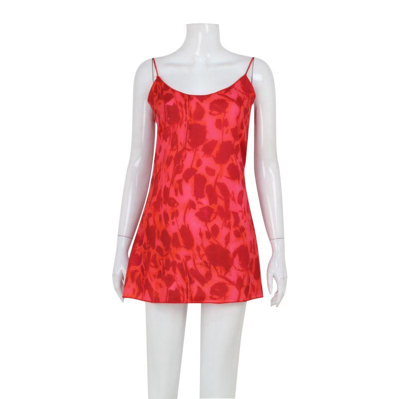 

Vacation Style Elegant Sexy Bow Bandage Suspender Skirt Waist Slimming Maple Leaf Print Open Back A- line Skirt Summer Printed S