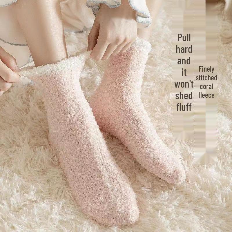 Women's Macaron Color Plush Socks: Warm, Non-Slip, Breathable Coral Fleece Sleep Socks for Autumn and Winter.