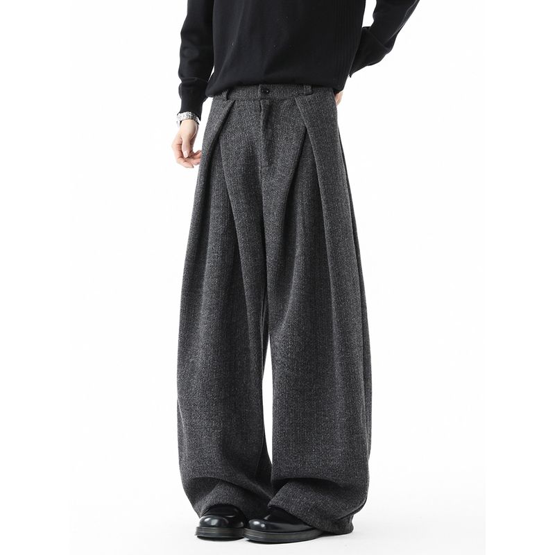 Old Money Style Deconstructed Woolen Trousers for Men, Winter Heavyweight Vintage Warm Wide-Leg Long Pants, High Street Pleated Casual Pants