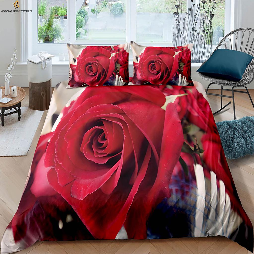 Retro Red Rose 3d Printed Quilt Cover Romantic Gift Bedding Set Quilt Cover Pillowcase Three-Piece Set 100% Polyester