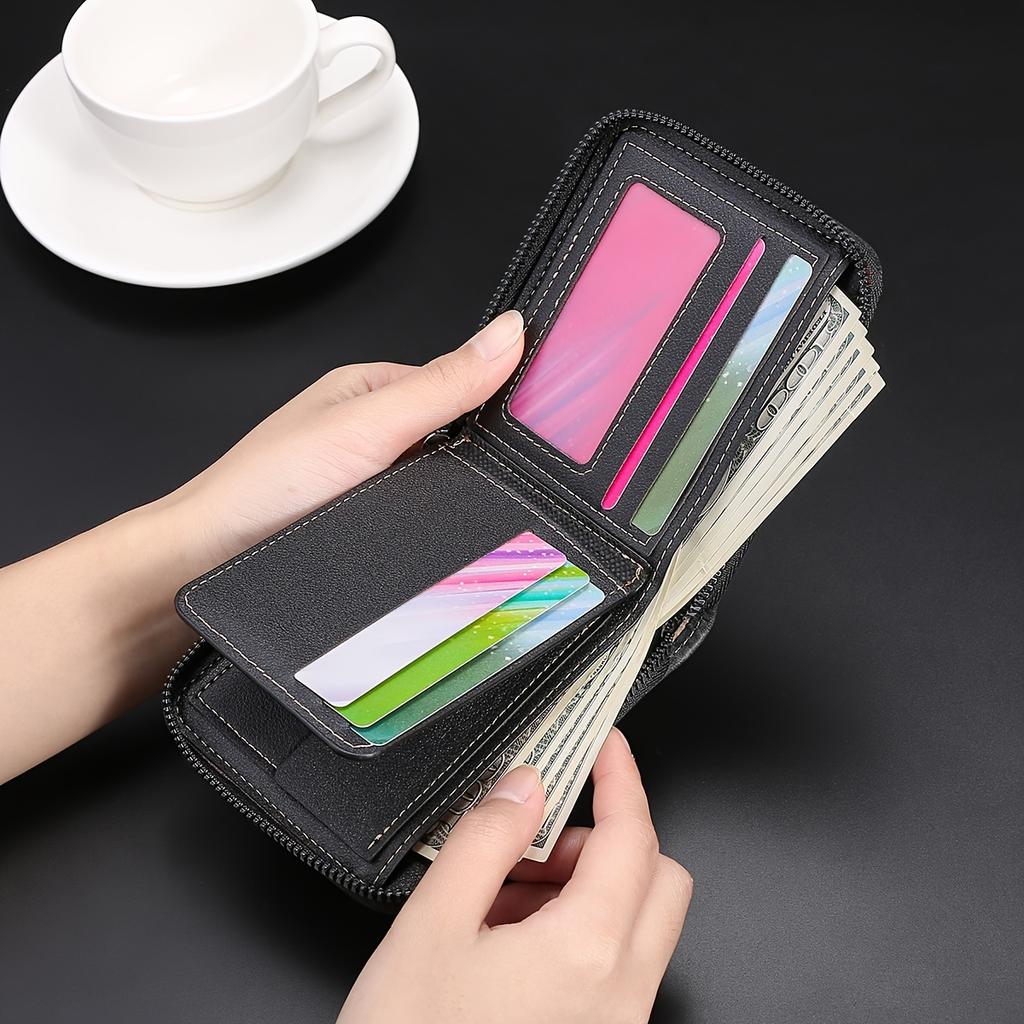 Men's Faux Leather Wallet with Zipper - Sleek Black, Multi-Card Holder & Coin Pocket, Durable Folding Design - Ideal Gift for Men