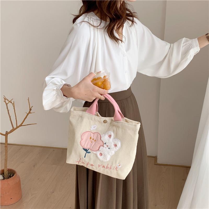 1 Cute cartoon rabbit embroidered canvas bag corduroy tote bag schoolgirl commuting bento bag