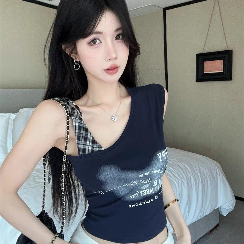 

American plaid splicing straps slanted shoulder short-sleeved T-shirt women s summer new thin slim versatile Spice Girl top trendy XL Темно-синій