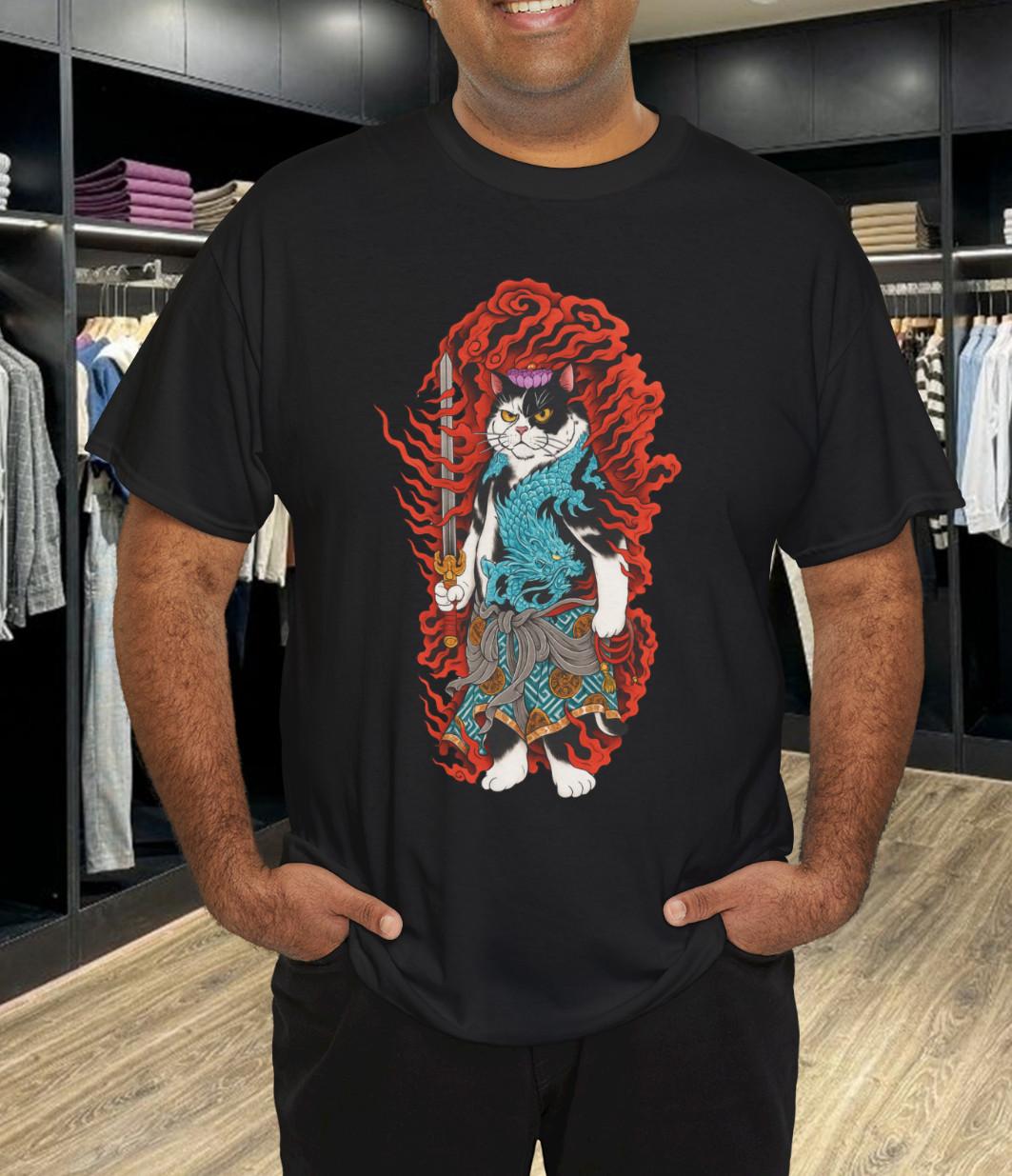 Samurai Cat T-Shirt Mens Womens Tees Top – Japanese Warrior Cat with Dragon and Flames Design 2XL