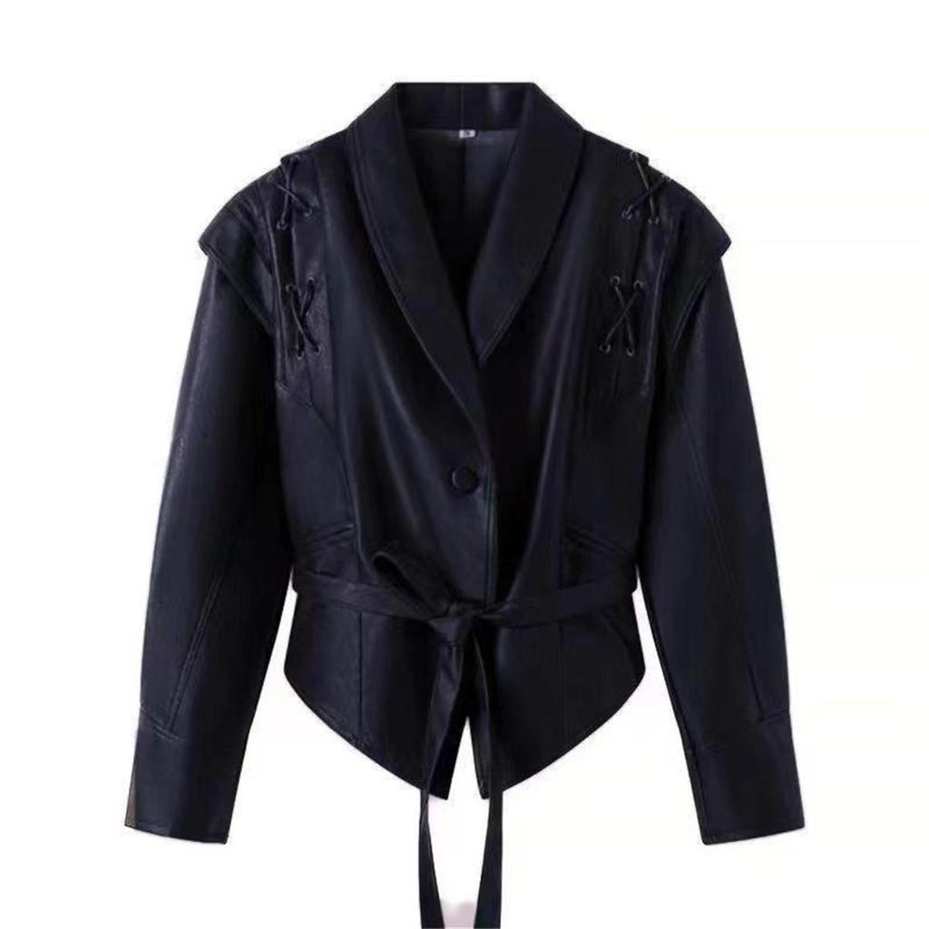 Women's Vintage Jacket Spring Autumn Single Breasted Long Sleeves V-neck Coats Lace-up Female High Street Fashion Coat