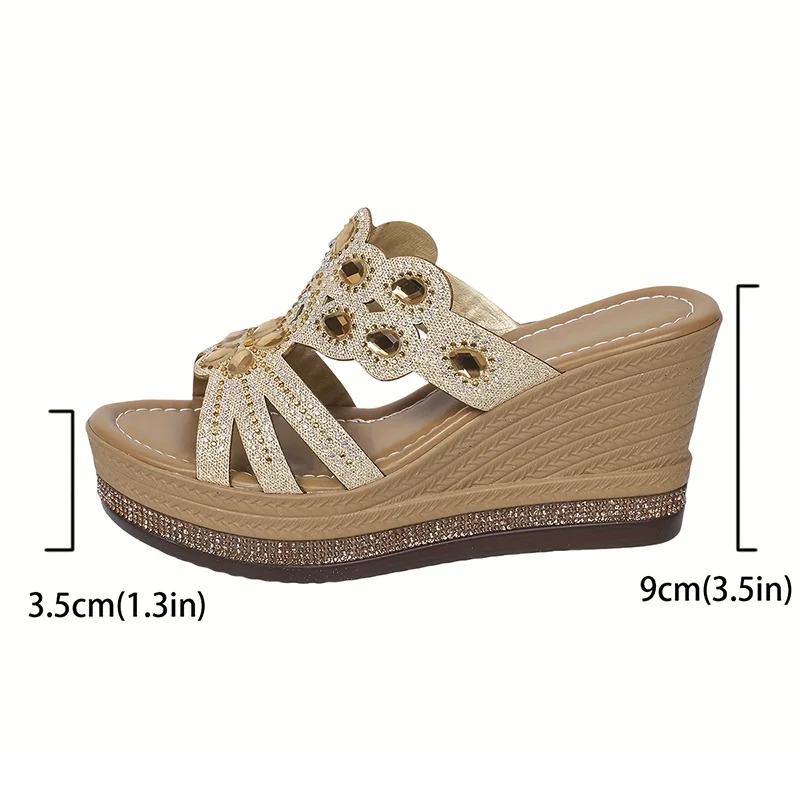 

Fashion Fashion Rhinestone Chunky Platform Sandals Women Hollow Out Wedge Heel Sandals Woman Summer Thick Bottom Non Slip Beach Slippers 43 золотой
