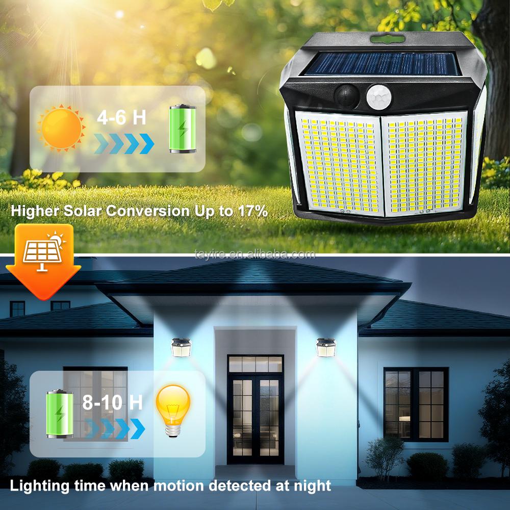 Energy Saving Super Bright Cold White Outdoor IP65 412LED Solar Garden Light 4 Sides Wall Lamp Motion Sensor Security Light