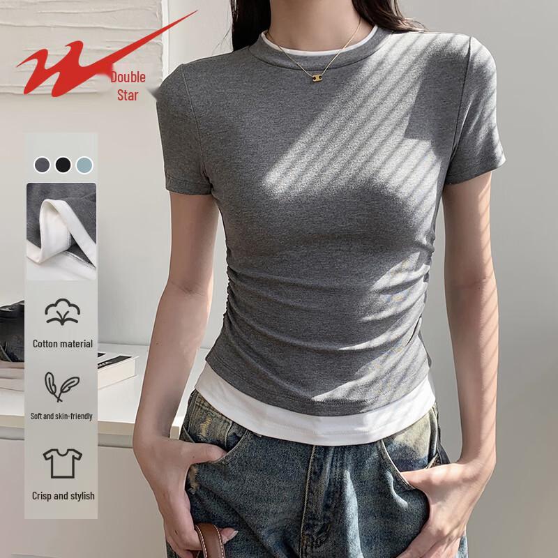 Женская контрастная футболка Shuangxing с коротким рукавом, имитирующая двухпредметный комплект 2XL