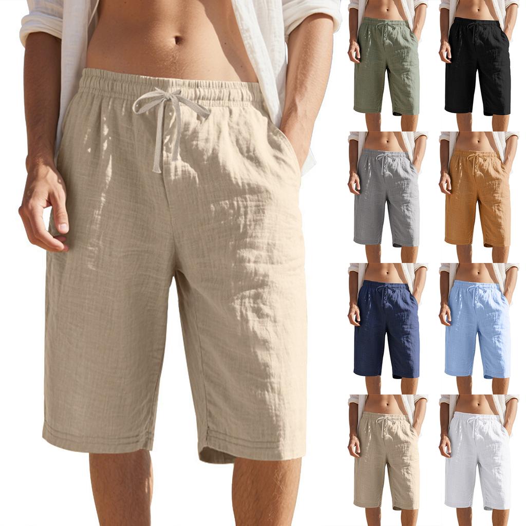 Men's Drawstring Loose Waist Quick-drying Straight Leg Color Breathable Daily Beach Seven-point Casual Shorts