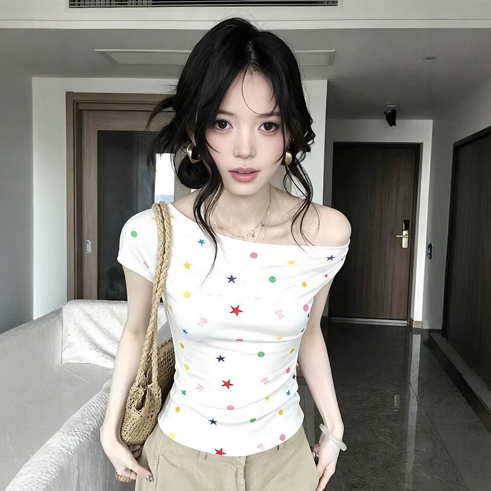 [Grazhi refined cotton] American Spice Girl style full print slanted shoulder short-sleeved T-shirt women's summer slim-fitting chic top