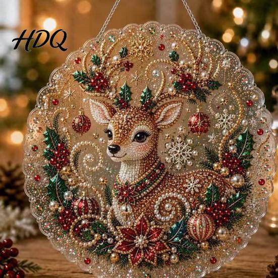 Celebration Party Supplies Christmas Acrylic Tree Hanging Ornament Faux Pearl Art DIY Painting Holiday Suncatcher 20cm Glowing Window Decor for Home