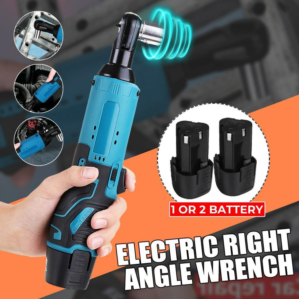 57N.m Electric Wrench Right Angle Wrench 3/8" Cordless Ratchet Rechargeable Scaffolding Tools with 2Pcs Battery Charger Kit 12V