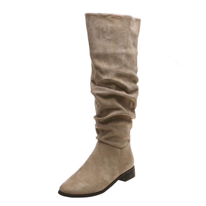 Women's Wrinkle Knee High Boots Autumn New Plus Size Flock Chunky Heel Thigh High Boots for Women Outdoor Casual Ladies Shoes