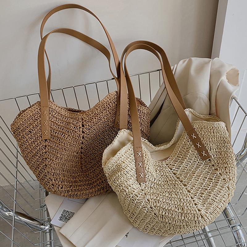 Damen Stroh Strandtasche handgewebte Tasche Schultertasche Rattan