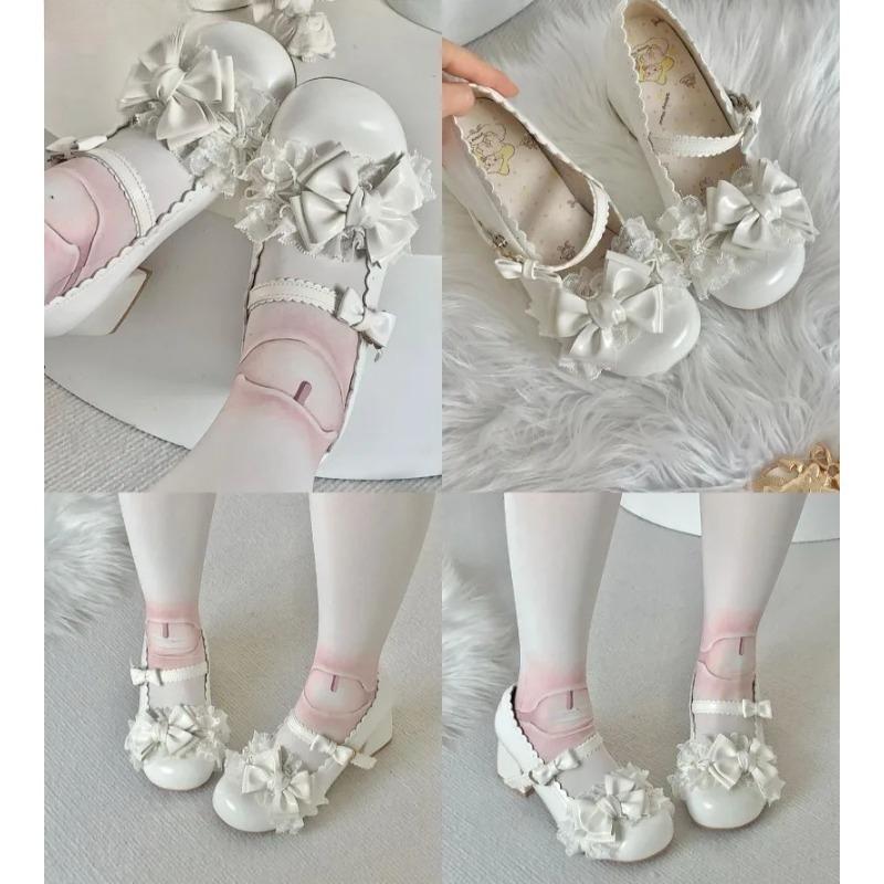 Urocze Damskie Buty Mary Jane na Średnim Obcasie Kokardka Koronka Urocze Buty Lolita Okrągły Nosek Grubszy Obcas Słodkie Szpilki Zapatos De Mujer