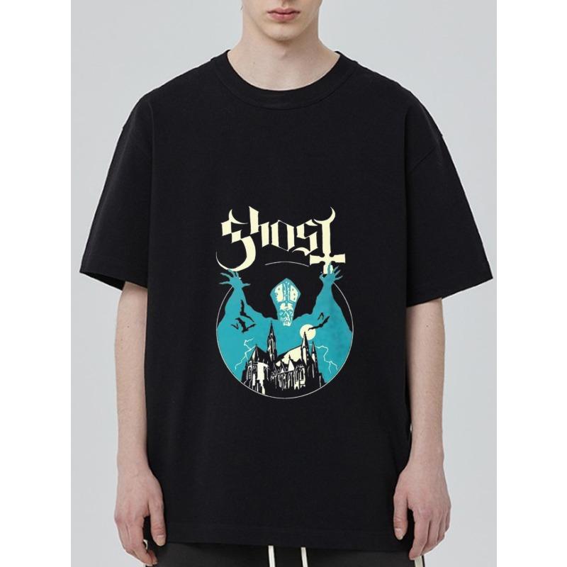 Black T-Shirt with Ghost Band Logo and Castle Design for Casual Wear