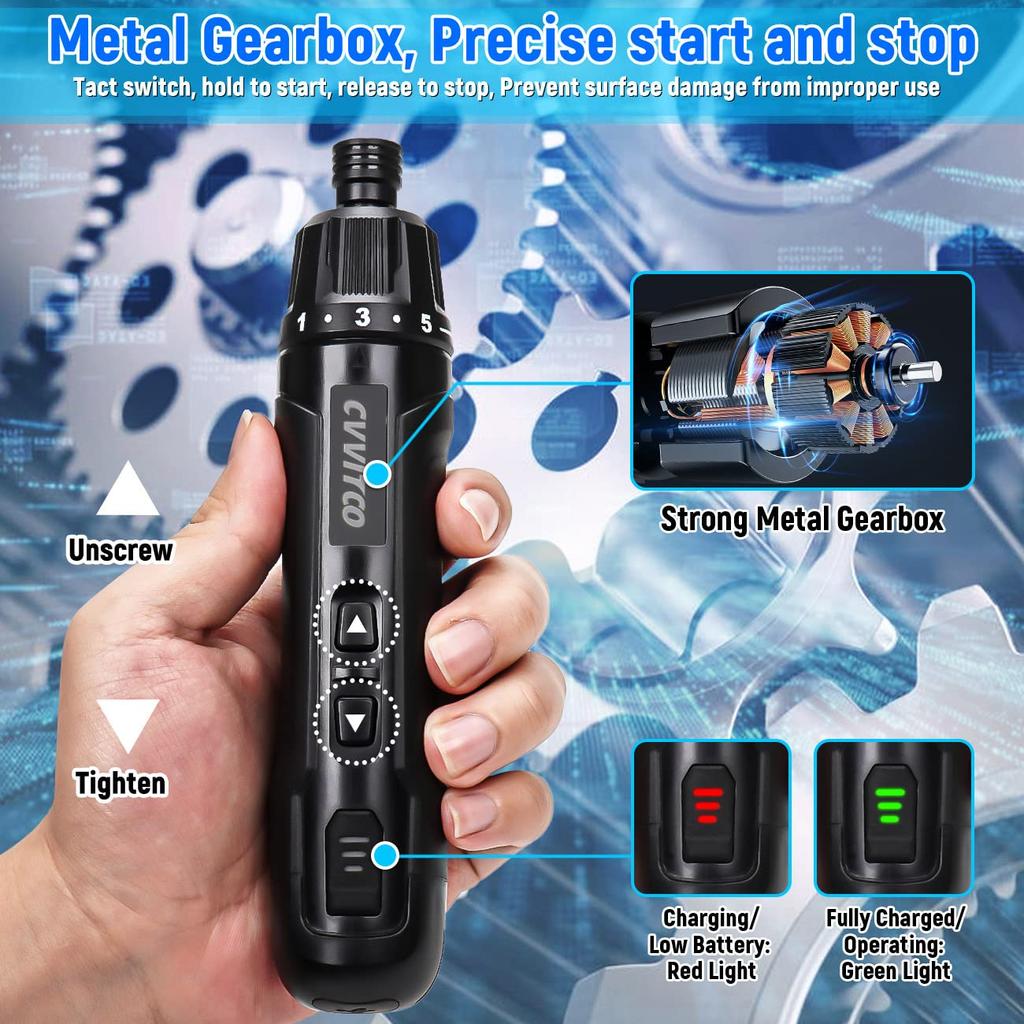 CVVITOO elektrický šroubovák Akumulátorový šroubovák Sada dobíjecího šroubováku USB Utahovací moment 11 bitů šroubováku 3 šroubové vrtáky 5 nástrčných ohebných šestihran