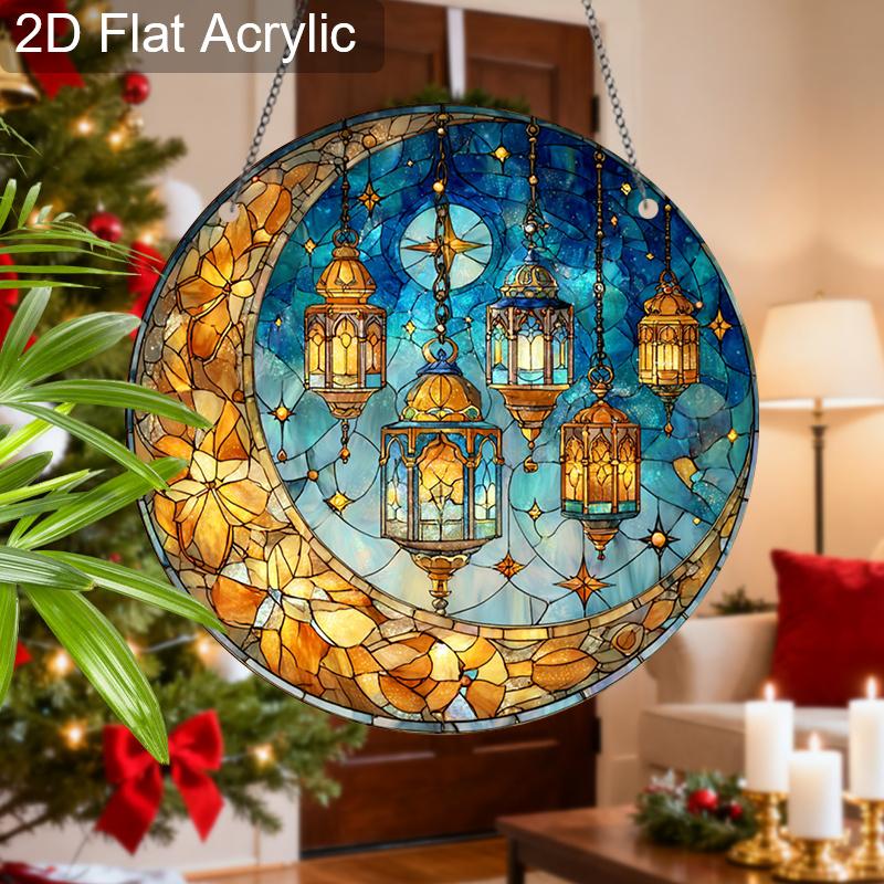 Acrylic Crescent Moon & Ramadan Lanterns Suncatcher, Stained Glass Effect Window Hanging Ornament for Islamic & Ramadan Lover Gifts