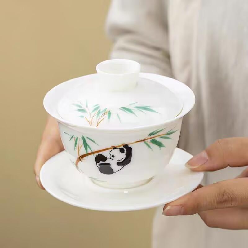 Hongyue Suet Jade Hand-Painted Hovering Rotating Sancai Cover Bowl Teacup Ceramic High-End Dehua White Porcelain High-End Tea Bowl