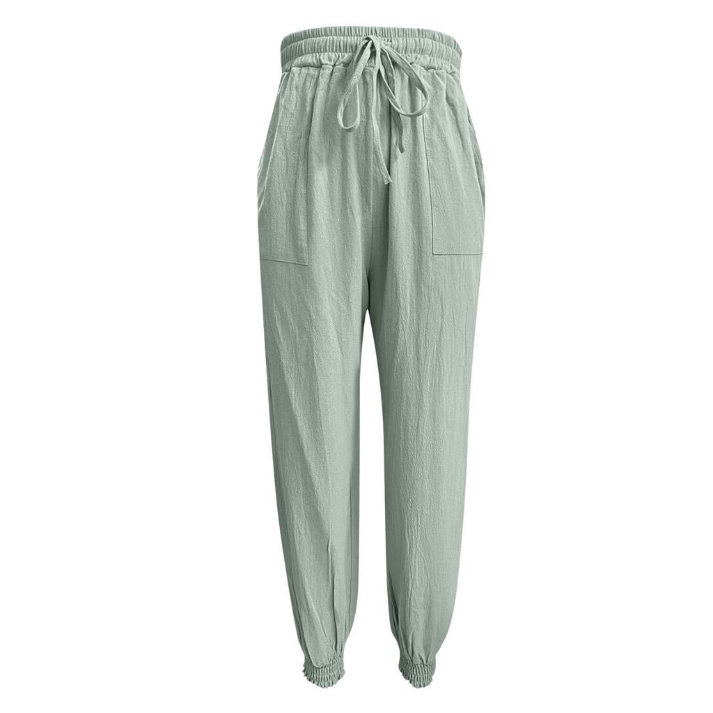 Women's Solid Color Comfortable Casual Pants Fashion Drawstring Elastic Waist Loose Belt Front And Back Pockets Pants