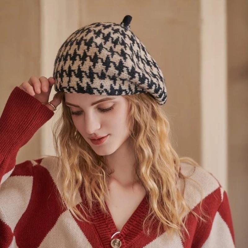 Women's Thousand Bird Plaid Beret Style Beanie Knit Hat Warm Keeping Fashion Artist Art Warm Hat Cap