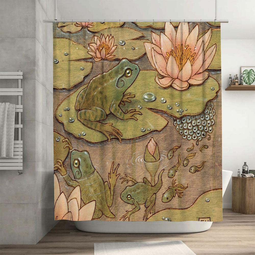 Bathroom Shower Curtain Floral Frog Nature Waterproof Decor Vintage Farmhouse Home Washroom Fabric